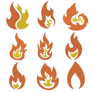Puede incluir: Una colección de nueve diseños de llamas bordados dispuestos en una cuadrícula. Cada llama presenta una combinación de hilo naranja y amarillo, mostrando varias formas estilizadas con patrones en capas y bordes afilados y distintos.