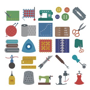 Könnte beinhalten: Eine Sammlung von fünfundzwanzig flachen Symbolen, die Näh- und Bastelwerkzeuge darstellen, darunter eine Nähmaschine, Scheren, Knöpfe, Nadeln, Garn, Stoff, ein Fingerhut, ein Maßband, ein Nahttrenner und ein Kleid auf einem Kleiderbügel.