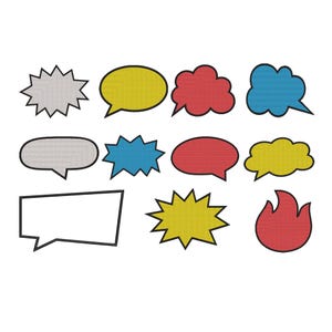 May include: A collection of eleven comic book style speech bubbles in various shapes and colours including yellow, red, blue, and grey. The set features jagged burst shapes, rounded clouds, ovals, and a flame-like form, all outlined in black.