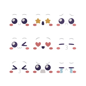 May include: Nine embroidered emoji faces with various expressions. Each face has large, dark purple eyes, pink cheeks, and a different mouth shape. Some have star-shaped eyes or heart-shaped eyes, while others show a winking or crying expression.
