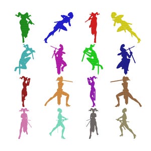 Lot de 16 motifs de broderie fille guerrière bouffon, lot de 16 broderies Machine silhouette combattante, broderie fille épée fantaisie