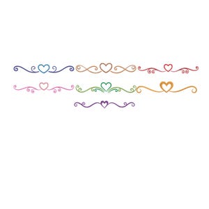 May include: A collection of colorful heart-shaped decorative borders. Each border features a heart design with swirling accents in various colors, including blue, brown, red, pink, green, gold, and purple. The borders are set against a white background.