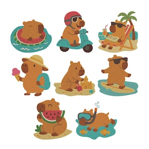 Sommarkapybara Clipart broderidesign paket, strandkapybara semester djur maskinbroderifil, omedelbar nedladdning, 5 storlekar
