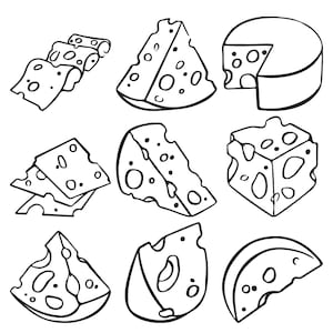 Puede incluir: Una colección de nueve ilustraciones de arte lineal en blanco y negro que representan varios tipos de queso, incluyendo cuñas, rebanadas y bloques, todos con agujeros característicos y bordes redondeados en un estilo de dibujo gráfico.