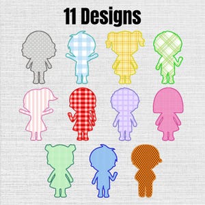 May include: Eleven digital designs of stylized human figures arranged in three rows. The figures feature various patterns including polka dots, gingham, stripes, and solid colors in shades of gray, blue, yellow, green, pink, red, purple, and orange.