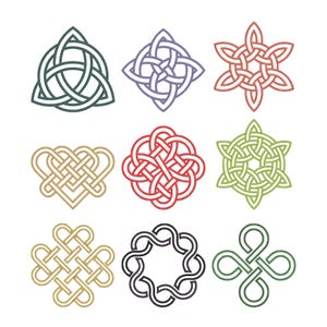 May include: Nine Celtic knot designs in various colours, including green, purple, red, and gold. The designs feature intricate interwoven patterns, with shapes ranging from triangles and squares to hearts and circles. The knots are displayed on a white background.