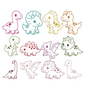 May include: A collection of twelve stylized dinosaur illustrations arranged in three rows. Each dinosaur is depicted with simple line art in various colors including pink, teal, yellow, orange, green, red, purple, and brown, featuring spotted patterns.
