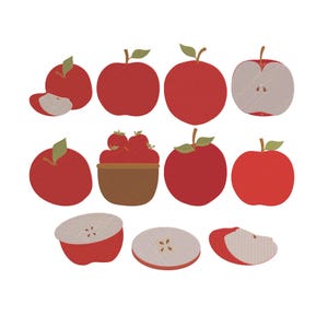 May include: A collection of red apple illustrations including whole apples with green leaves, a brown basket filled with apples, and various sliced apple segments showing light beige interiors with brown seeds, all rendered in a flat graphic style.