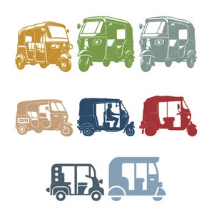 May include: A collection of nine colorful auto rickshaw illustrations in shades of gold, green, gray, brown, navy blue, and red. The designs vary, some with drivers, others with CNG markings, all on a white background.