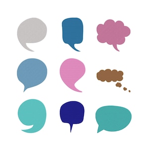 May include: Nine colorful speech bubbles in various shapes and shades, including gray, blue, pink, and brown, are arranged on a white background. The bubbles have a textured appearance, suggesting a fabric or paper material. The image is suitable for communication or design-related themes.