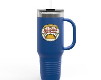 Impulsado por tacos y decisiones de vida cuestionables - Taza de viaje isotérmica