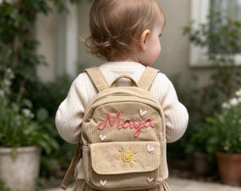 Personalized Corduroy Mini Kids Backpack, Custom Hand Embroidered Name Baby Bag