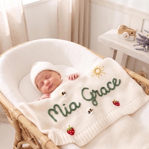 Personalized Embroidered Knit Baby Blanket, Custom Name Cotton Swaddle Wrap, Unique Newborn Present, Sentimental Baby Shower Keepsake
