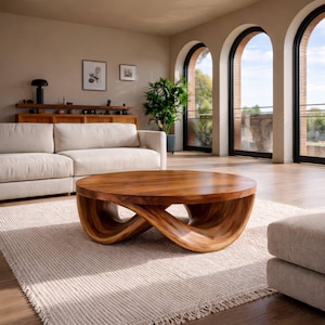 May include: A circular coffee table crafted from dark brown wood, featuring an eye-catching infinity loop design. The table rests on a beige rug. The room includes a white sofa, wooden cabinet, and large arched windows, creating a warm atmosphere.