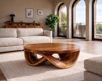 Tavolino da caffè rotondo moderno in legno massello con base curva scultorea, tavolino centrale organico fatto a mano, mobile minimalista per soggiorno