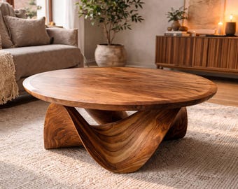 Round Solid Wood Coffee Table with Sculptural Base, Handmade Modern Center Table, Organic Living Room Furniture