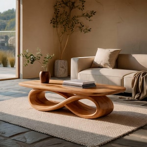 Puede incluir: Una mesa de centro de madera marrón claro con un diseño de bucle infinito. La mesa tiene una superficie lisa y está sobre una alfombra beige. Un jarrón con vegetación y una pila de libros están sobre la mesa. Un sofá beige está en el fondo.