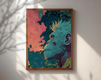 Arte mural de mono fumador psicodélico, lámina de mono de arte callejero, decoración vibrante de la jungla neón, póster de mono alucinante, ilustración surrealista moderna