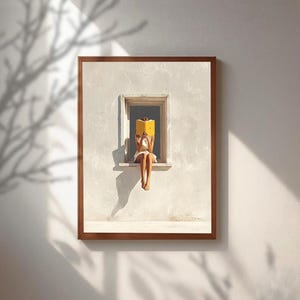 May include: A framed print shows a person reading a yellow book while sitting in a window. The person wears a white dress. The window is set in a white wall, and the frame is brown. A tree's shadow is cast on the wall.
