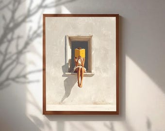 Book Lover Wall Art, Minimalist Girl Reading Poster, Yellow Book Print, Mediterranean Window Decor, Trendy Reading Nook Gift, Bookish Art