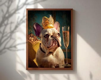 Bulldog francés al estilo de pintura al óleo, arte de mascotas regio, lámina de perro con corona dorada, decoración de pared para bar o cocina, arte de mascotas moderno de mediados de siglo.