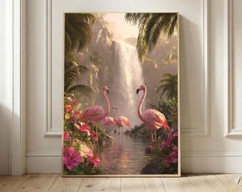 Pink Flamingo Wall Art, Tropical Waterfall Canvas Print, Mystical Jungle Poster,  Romantic Nature Art, Aesthetic Floral Gift