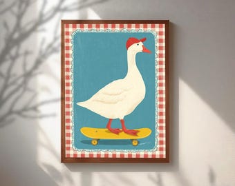 Cute Skateboard Goose Poster, Whimsical Duck Wall Art, Gingham Nursery Decor, Funny Animal Illustration, Retro Cottagecore Kids Room Print