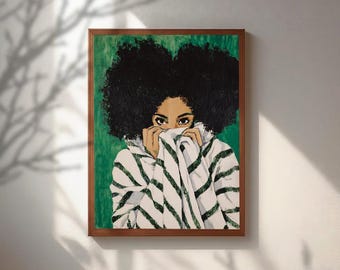 Black Woman Art Print, Afro Hair Poster, Emerald Green Wall Art, Modern Abstract Portrait, African American Art, Melanin Queen Home Decor