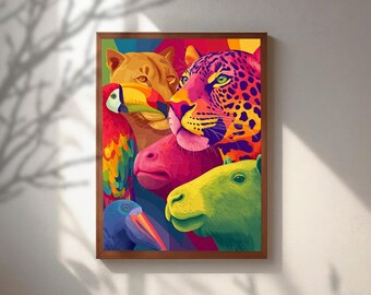 Colorful Amazon Animals Wall Art, Pop Art Jaguar Cougar Canvas Print, Bright Macaw Toucan Poster, Capybara Tapir Decor, Vibrant Jungle Art