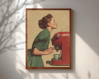 Cuadro decorativo vintage de cafetera, pintura retro de mujer de los años 50, decoración de cocina moderna de mediados de siglo, póster elegante para cafetería, lámina de regalo para amantes del café.