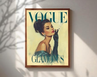 Portada vintage de la revista Vogue, pintura de mujer glamurosa retro, arte mural moderno de mediados de siglo, lámina de ilustración de moda, decoración elegante para el dormitorio