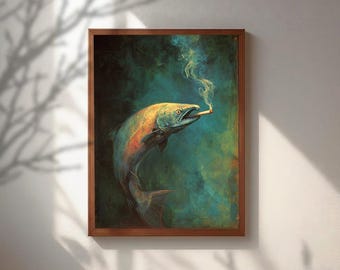 Cuadro surrealista de peces humeantes, lámina de pintura de salmón azul verdoso oscuro y melancólico, decoración animal absurda, regalo original para pescadores, póster maximalista único