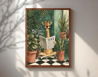 Arte mural de jirafa leyendo el periódico, decoración divertida para el baño, retrato de animal caprichoso, lámina de arte botánico de la selva,