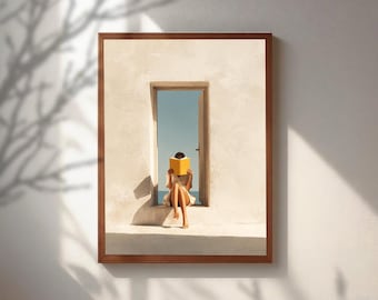 Arte minimalista de mujer leyendo, decoración de pared con estética mediterránea, pintura al óleo de sol de verano, lámina de sol y sombra, póster para rincón de lectura bohemio