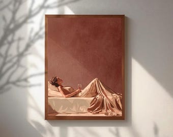 Arte minimalista de mujer con vino tinto, decoración de pared con estética terracota, cuadro acogedor para dormitorio, lámina de estilo moderno de mediados de siglo, póster elegante para mujer.