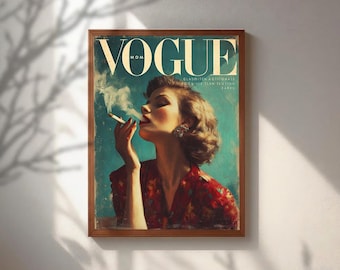 Póster de moda vintage de Vogue, arte mural de mujer glamurosa fumando, impresión de portada de revista retro de mediados de siglo, decoración clásica de glamour de Hollywood