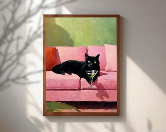 Black Cat Martini Wall Art, Funny Cat Drinking Cocktail Poster, Pink Couch Eclectic Decor, Trendy Bar Cart Print, Cute Pet Lover Gift