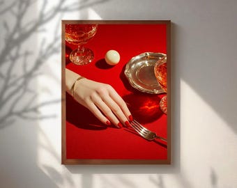 Avant Garde Red Wall Art, Trendy Dining Room Poster, Luxury Red Aesthetic, Surreal Kitchen Decor, Edgy Fashion Hand Illustration Print