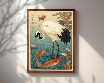 Japanese Crane Poster, Vintage Koi Fish Art Print,  Asian Nature Illustration, Japandi Home Decor, Antique Oriental Print
