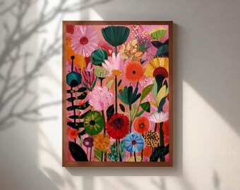Colorful Abstract Floral Poster, Maximalist Flower Art Print, Whimsical Botanical Wall Art, Vibrant Pink Meadow Painting,