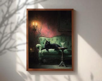 Moody Black Cat Wall Art, Dark Academia Vintage Poster, Green Velvet Sofa Decor, Gothic Cocktail Print, Halloween Goth Painting Oil Print