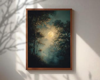 Moody Full Moon Poster, Vintage Forest Landscape Wall Art, Dark Academia Canvas Print, Mystical Night Sky Painting, Antique Forest Fog Decor