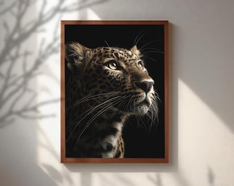 Retrato de leopardo majestuoso para pared, arte de vida silvestre sobre fondo negro, decoración de lujo para oficina con temática animal, impresión en lienzo grande, póster moderno de felino salvaje.
