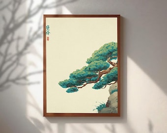 Cuadro de pino japonés, lámina estilo ukiyo-e vintage, decoración zen de la naturaleza, póster minimalista de paisaje oriental, arte mural asiático wabi-sabi.