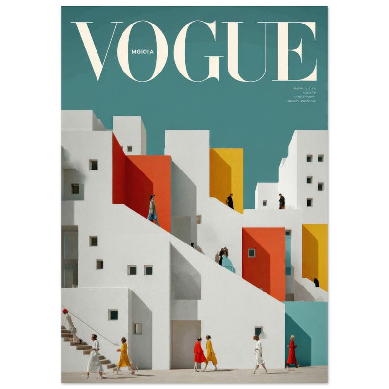 Stampa della copertina vintage di Vogue, quadro su tela con architettura mediterranea, poster di rivista retrò, decorazione murale minimalista in stile greco, stampa di moda di tendenza immagine 11