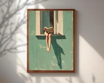 Cuadro de una chica leyendo en la ventana, pintura al óleo de un sol de verano, decoración estética en tonos turquesa, retrato minimalista de una mujer, lámina para un acogedor rincón de lectura, bellas artes.