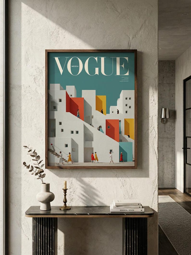 Pu&ograve; includere: Una stampa artistica da parete incorniciata che presenta un'illustrazione stilizzata di edifici bianchi con accenti rossi, gialli e blu. La parola VOGUE &egrave; stampata in grandi lettere bianche nella parte superiore. Diverse piccole figure in abiti colorati.