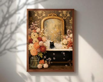 Cuadro al óleo de un gato negro en la bañera, arte mural original para el baño, lámina vintage de gato con estampado floral, decoración animal peculiar, póster de arte con estética victoriana.
