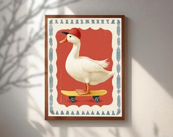 Duck on Skateboard Wall Art, Whimsical Duck Poster, Cute Animal Illustration, Funny Nursery Decor, Retro Kids Room Art Print, Cool Goose