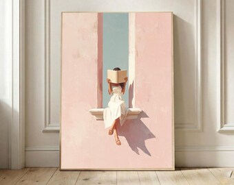 Woman Reading Book Wall Art, Minimalist Pastel Pink Print, Book Lover Gift, Aesthetic Girl Reading Poster, Boho Bedroom Decor, Digital Print